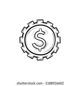 Cog com dólar dentro mão desenhada ícone de doodle contorno. Ganhar dinheiro e finanças, investimento e conceito de economia. Ilustração de esboço vetorial para impressão, web, móvel e infográficos em fundo branco.