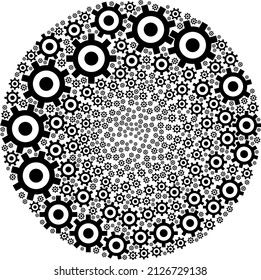 Cog elements are arranged into spheric group. Cog icon bubble mosaic. Abstract sphere bubble mosaic is designed with cog symbols.