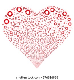 Cog fireworks with heart shape. Vector illustration style is flat red iconic symbols on a white background. Object valentine heart constructed from random icons.
