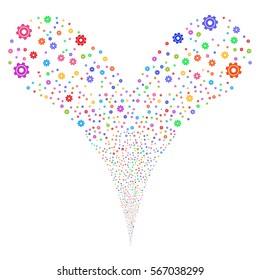 Cog fireworks stream. Vector illustration style is flat bright multicolored iconic symbols on a white background. Object double fountain combined from random symbols.