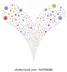 Cog fireworks stream. Vector illustration style is flat bright multicolored iconic symbols on a white background. Object double fountain organized from random symbols.