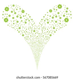 Cog fireworks stream. Vector illustration style is flat eco green iconic symbols on a white background. Object double fountain constructed from random symbols.