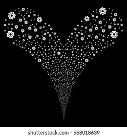Cog fireworks stream. Vector illustration style is flat white iconic symbols on a black background. Object double fountain constructed from random design elements.