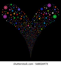 Cog fireworks stream. Vector illustration style is flat bright multicolored iconic symbols on a black background. Object double fountain done from random design elements.