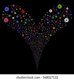 Cog fireworks stream. Vector illustration style is flat bright multicolored iconic symbols on a black background. Object double fountain combined from random icons.