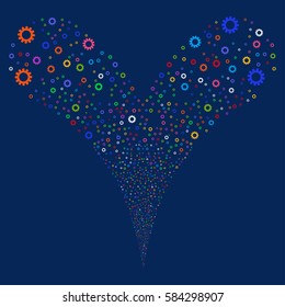 Cog fireworks stream. Vector illustration style is flat bright multicolored iconic symbols on a blue background. Object double fountain organized from random icons.