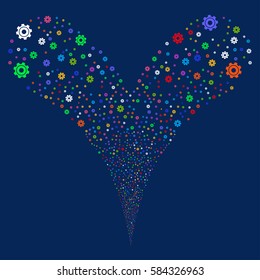 Cog fireworks stream. Vector illustration style is flat bright multicolored iconic symbols on a blue background. Object double fountain done from random icons.