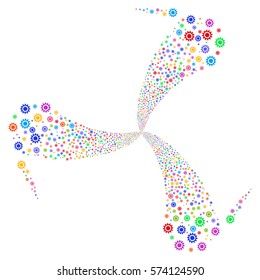 Cog fireworks swirl rotation. Vector illustration style is flat bright multicolored iconic symbols on a white background. Object spiral organized from random pictograms.