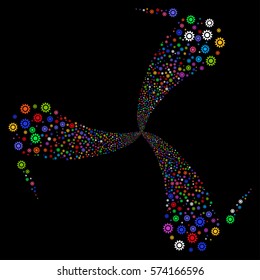 Cog fireworks swirl rotation. Vector illustration style is flat bright multicolored iconic symbols on a black background. Object twirl combined from random icons.