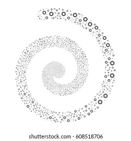 Cog fireworks swirling spiral. Vector illustration style is flat gray scattered symbols. Object whirl done from random pictograms.
