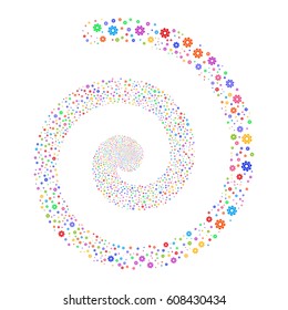 Cog fireworks vortex spiral. Vector illustration style is flat bright multicolored scattered symbols. Object burst created from random icons.
