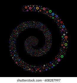 Cog fireworks whirlpool spiral. Vector illustration style is flat bright multicolored scattered symbols. Object twirl created from scattered pictograms.