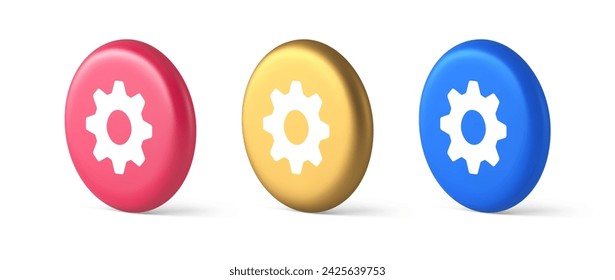 Cog gear button web technology setting repair business interface 3d realistic blue gold and pink icons. Industrial mechanism technical support internet maintenance service tool