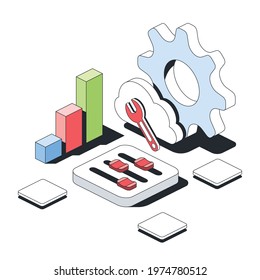 Cog gear, cloud server repair or settings, options, graphic chart. Vector 3d line isometric, color web icons, new flat style. Creative design idea for infographics.