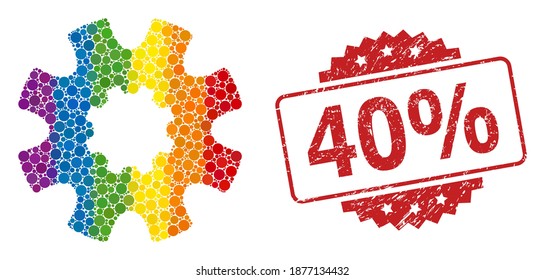 Cog gear collage icon of filled circle blots in various sizes and LGBT color hues, and 40 percent unclean rosette seal imitation. A dotted LGBT-colored Cog gear for lesbians, gays, transgenders,