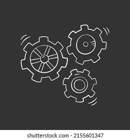 Cog gear in doodle style, vector illustration. Hand drawn cogwheel icon, isolated element on a black background. Mechanism graphic symbol for print and design. Concept teamwork, business and idea