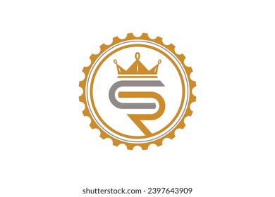 Cog gear logo shape with CR initial lettering icon symbol and luxury royal crown.