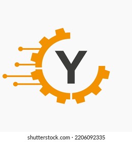 Cog Gear Logo Technology Symbol On Letter Y Vector Template