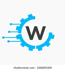 Cog Gear Logo Technology Symbol On Letter W Vector Template
