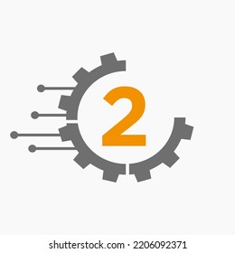 Cog Gear Logo Technology Symbol On Letter 2 Vector Template