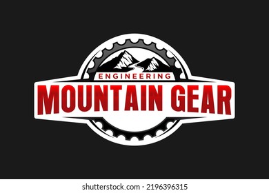 Cog Gear Mountain Logo Design Emblem Badge Icon Symbol Adventure Hiking Outdoor