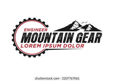 Cog Gear Mountain Logo Design Emblem Badge Icon Symbol Adventure Hiking Outdoor