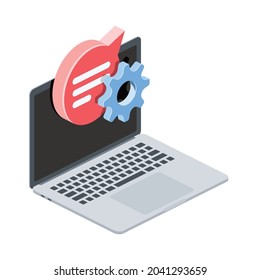 Cog gear setting, chat bubble on laptop screen. Vector 3d symbol, isometric, color web icons, new flat style. Creative design idea, concept for infographics.