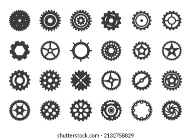 Elementos de engranajes de cog. Símbolo de engranajes mecánicos, iconos de máquinas geométricas. Ruedas de ingeniería, colección de vectores exactos de la rueda cognitiva industrial abstracta