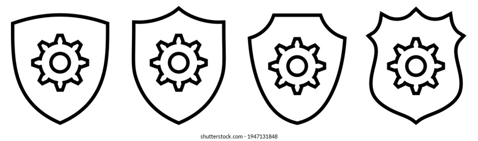 Cog gears wheel icon inside shield, different versions. Settings or machinery protection icon