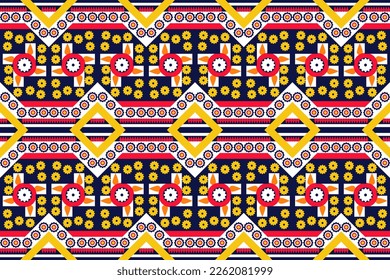 cog geometric pattern design Flowers are red, white, yellow, navy blue for fabrics, linoleum, bags, curtains, bed sheets, tablecloths.