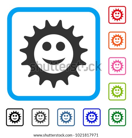 Cog Glad Smiley icon. Flat gray pictogram symbol in a blue rounded rectangular frame. Black, gray, green, blue, red, orange color versions of Cog Glad Smiley vector.