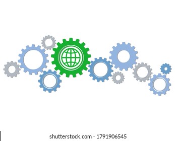 The cog with the globe icon symbolizes the concept of earth processes and the environment. Vector