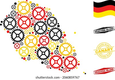 Cog Graciosa Island map collage and stamps. Vector collage is formed of cog items in different sizes, and German flag official colors - red, yellow, black.