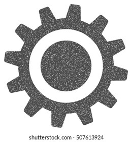 Cog grainy textured icon for overlay watermark stamps. Flat symbol with dust texture. Dotted vector gray ink rubber seal stamp with grunge design on a white background.