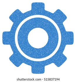 Cog grainy textured icon for overlay watermark stamps. Flat symbol with scratched texture. Dotted vector cobalt ink rubber seal stamp with grunge design on a white background.