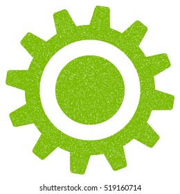 Cog grainy textured icon for overlay watermark stamps. Flat symbol with scratched texture. Dotted vector eco green ink rubber seal stamp with grunge design on a white background.