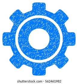 Cog grainy textured icon for overlay watermark stamps. Flat symbol with scratched texture. Dotted vector blue ink rubber seal stamp with grunge design on a white background.