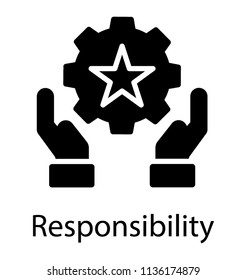 Cog having star sign and surrounded by two service hands, symbolization of responsibility icon
