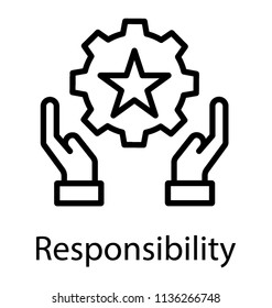 Cog having star sign and surrounded by two service hands, symbolization of responsibility icon