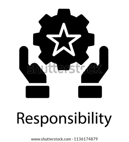 Cog having star sign and surrounded by two service hands, symbolization of responsibility icon