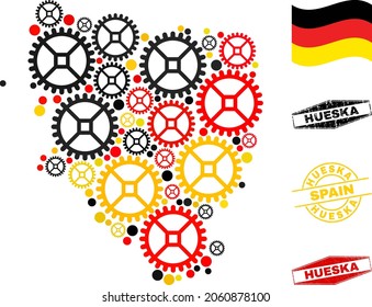 Cog Hueska Province map collage and seals. Vector collage is designed from cog items in variable sizes, and Germany flag official colors - red, yellow, black.