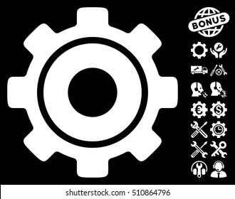 Cog icon with bonus configuration clip art. Vector illustration style is flat iconic white symbols on black background.