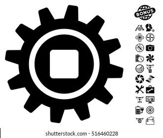 Cog icon with bonus drone tools images. Vector illustration style is flat iconic black symbols on white background.