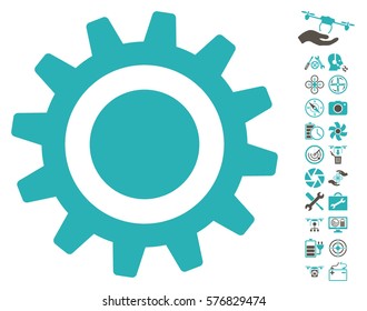 Cog icon with bonus nanocopter service pictures. Vector illustration style is flat iconic grey and cyan symbols on white background.