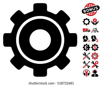 Cog icon with bonus options symbols. Vector illustration style is flat iconic intensive red and black symbols on white background.