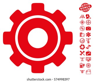 Cog icon with bonus quad copter tools pictures. Vector illustration style is flat iconic red symbols on white background.