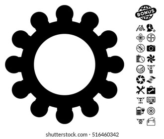 Cog icon with bonus quadrocopter tools graphic icons. Vector illustration style is flat iconic black symbols on white background.