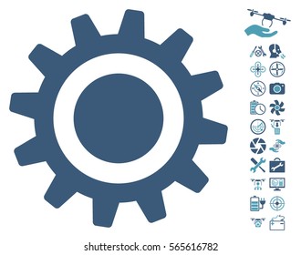 Cog icon with bonus quadrocopter tools icon set. Vector illustration style is flat iconic cyan and blue symbols on white background.