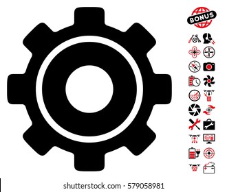 Cog icon with bonus quadrocopter tools clip art. Vector illustration style is flat iconic intensive red and black symbols on white background.