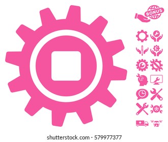 Cog icon with bonus settings graphic icons. Vector illustration style is flat iconic pink symbols on white background.